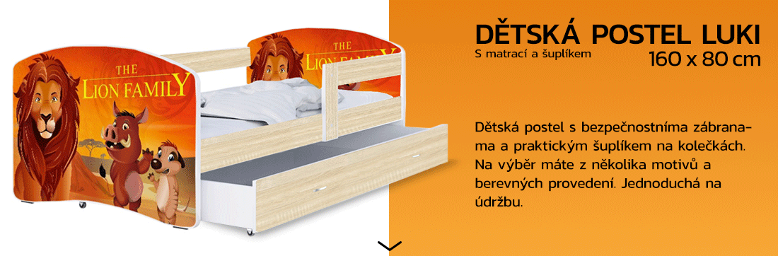 Detská posteľ LUKI so šuplíkom DUB SONOMA 160x80 vzor LEVÍ RODINA
