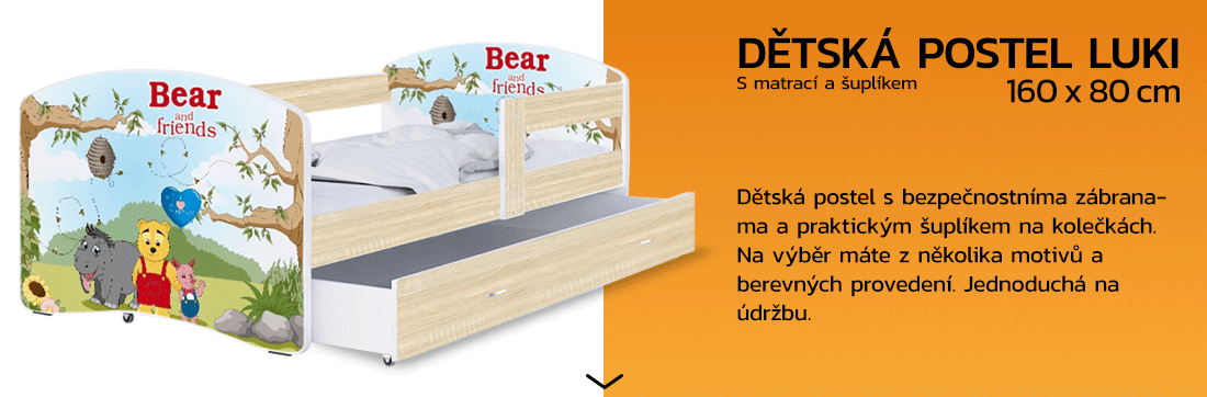 Dětská postel LUKI se šuplíkem DUB SONOMA 160x80 vzor MEDVÍDEK A KAMARÁDI