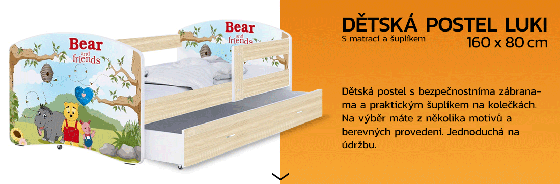 Detská posteľ LUKI so šuplíkom DUB SONOMA 160x80 vzor MACKO A KAMARÁDI