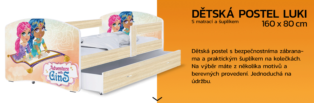 Detská posteľ LUKI so šuplíkom DUB SONOMA 160x80 vzor ADVENTURE GINS