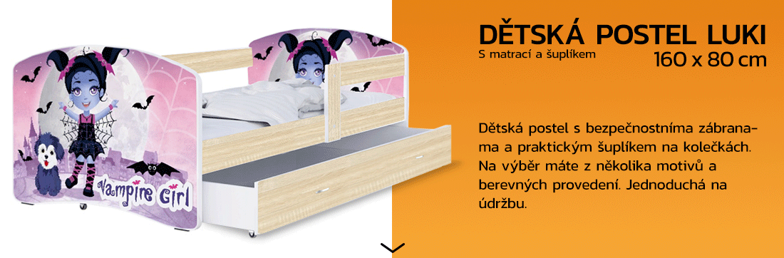 Dětská postel LUKI se šuplíkem DUB SONOMA 160x80 vzor UPÍRKA