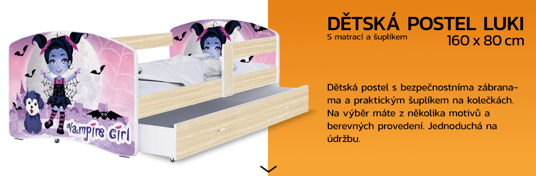Detská posteľ LUKI so šuplíkom DUB SONOMA 160x80 vzor UPÍRKA