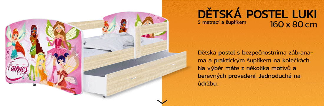 Dětská postel LUKI se šuplíkem DUB SONOMA 160x80 vzor VÍLY