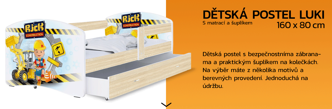 Dětská postel LUKI se šuplíkem DUB SONOMA 160x80 vzor STAVITEL RICK