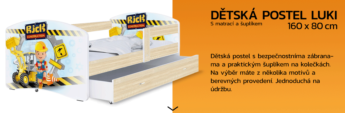 Detská posteľ LUKI so šuplíkom DUB SONOMA 160x80 vzor STAVITEL RICK