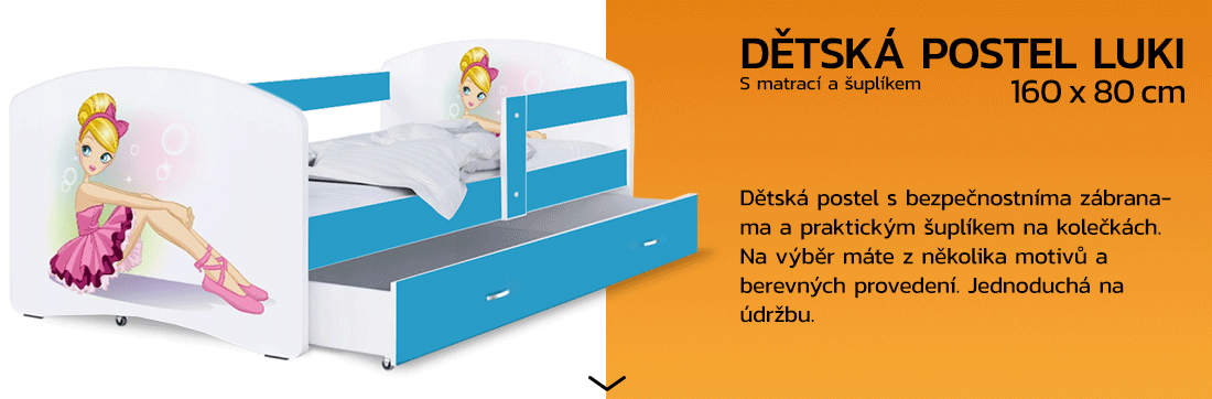 Dětská postel LUKI se šuplíkem MODRÁ 160x80 cm vzor PRINCEZNA