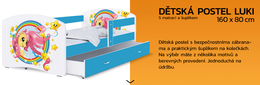 Dětská postel LUKI se šuplíkem MODRÁ 160x80 cm vzor PONÍK