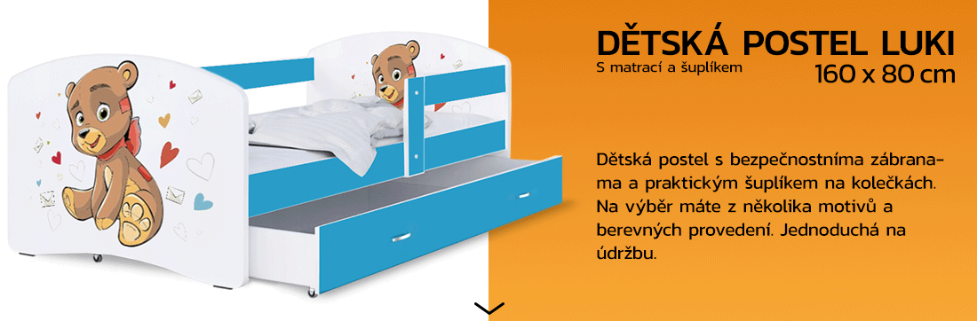 Dětská postel LUKI se šuplíkem MODRÁ 160x80 cm vzor MEDVÍDEK