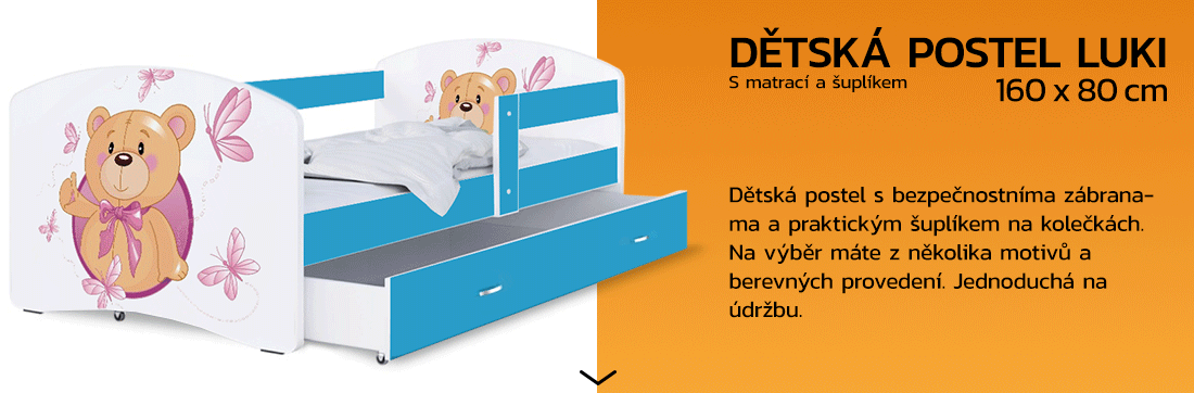 Dětská postel LUKI se šuplíkem MODRÁ 160x80 cm vzor MEDVÍDEK 2