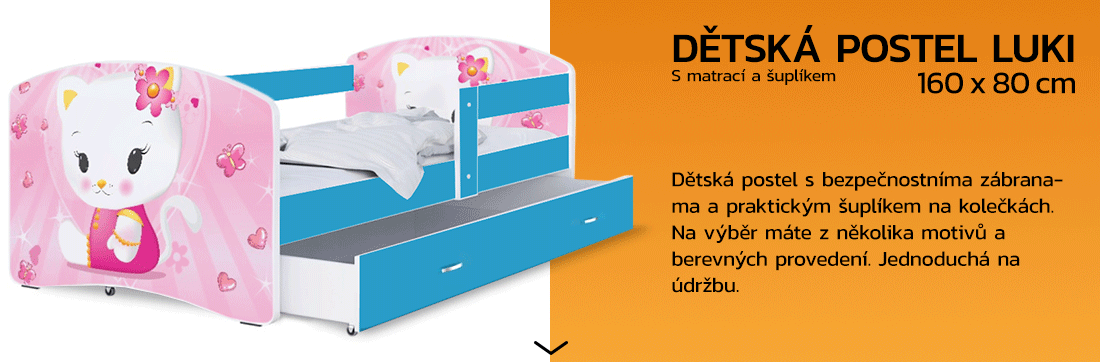 Dětská postel LUKI se šuplíkem MODRÁ 160x80 cm vzor RŮŽOVÁ KOČKA