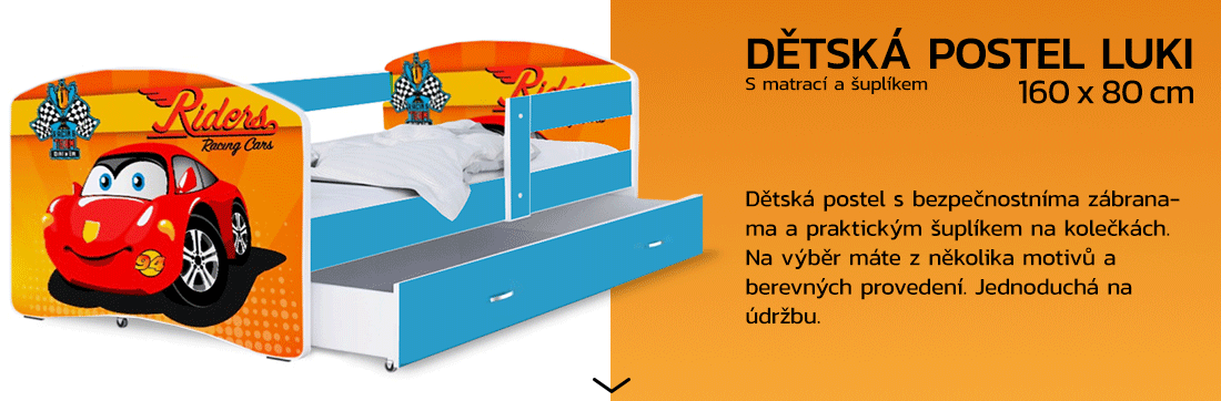 Dětská postel LUKI se šuplíkem MODRÁ 160x80 cm vzor ZÁVOĎÁK