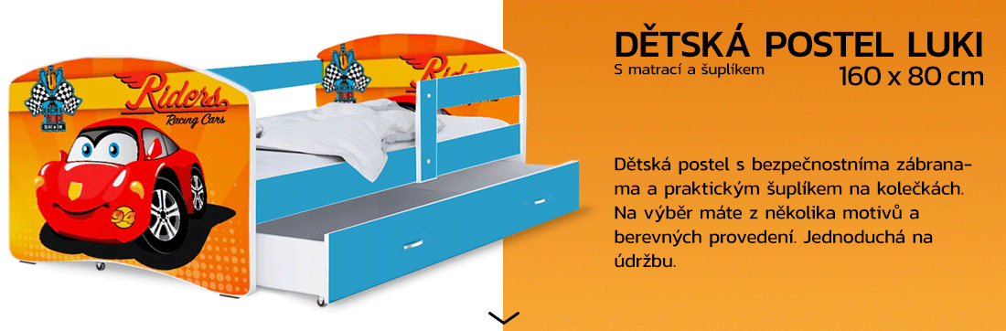 Detská posteľ LUKI so šuplíkom MODRÁ 160x80 cm vzor ZÁVODIAK