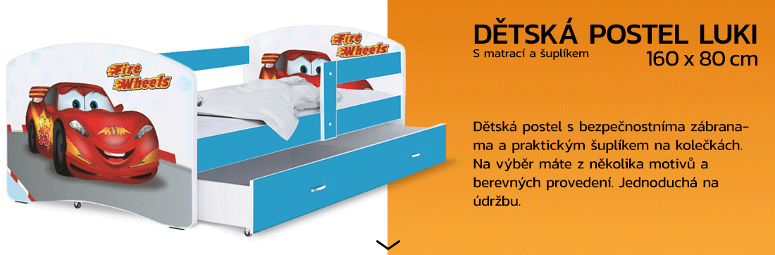 Dětská postel LUKI se šuplíkem MODRÁ 160x80cm vzor FIRE WHEELS 43L