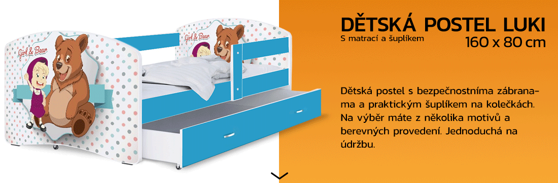 Dětská postel LUKI se šuplíkem MODRÁ 160x80 cm vzor MÉĎA
