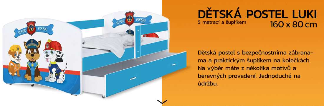 Dětská postel LUKI se šuplíkem MODRÁ 160x80 cm vzor SUPER PSI