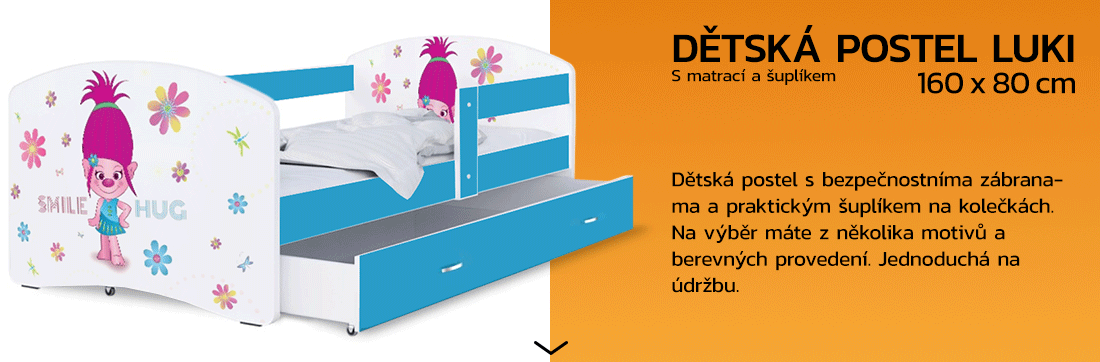 Dětská postel LUKI se šuplíkem MODRÁ 160x80 cm vzor SMILE HUG