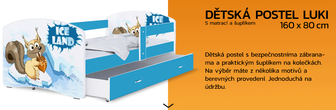 Dětská postel LUKI se šuplíkem MODRÁ 160x80cm vzor DOBA LEDOVÁ 51L