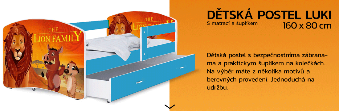 Dětská postel LUKI se šuplíkem MODRÁ 160x80 cm vzor LVÍ RODINA