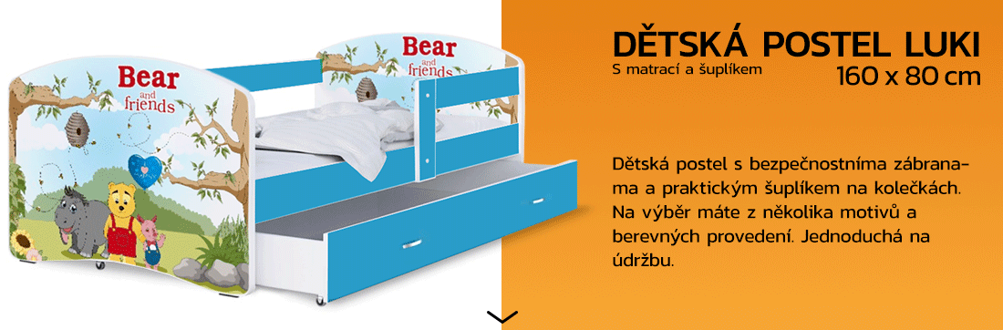 Dětská postel LUKI se šuplíkem MODRÁ 160x80 cm vzor MEDVÍDEK A KAMARÁDI