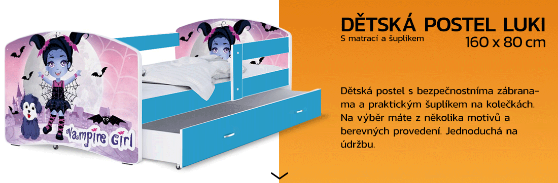 Dětská postel LUKI se šuplíkem MODRÁ 160x80 cm vzor UPÍRKA