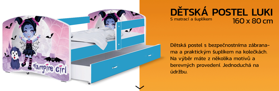 Detská posteľ LUKI so šuplíkom MODRÁ 160x80 cm vzor UPIERKA