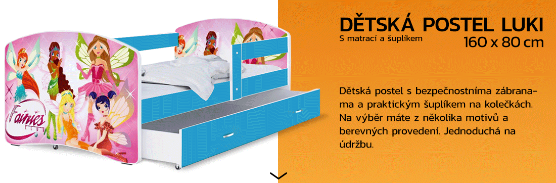 Dětská postel LUKI se šuplíkem MODRÁ 160x80 cm vzor VÍLY