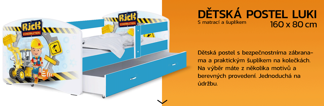 Dětská postel LUKI se šuplíkem MODRÁ 160x80 cm vzor STAVITEL RICK