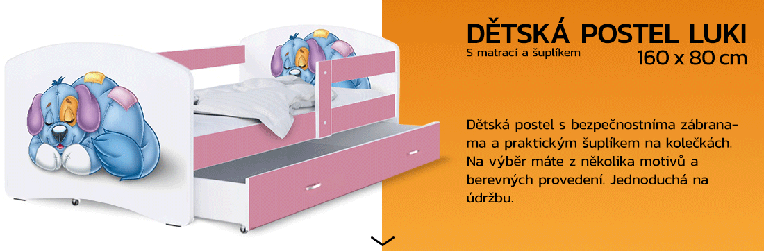 Dětská postel LUKI se šuplíkem RŮŽOVÁ 160x80 cm vzor PEJSEK