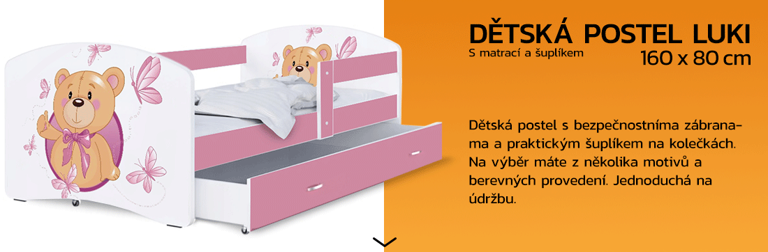 Detská posteľ LUKI so šuplíkom RUŽOVÁ 160x80 cm vzor MACKO 2