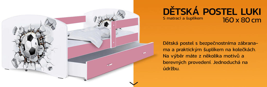 Dětská postel LUKI se šuplíkem RŮŽOVÁ 160x80 cm vzor FOTBAL 2