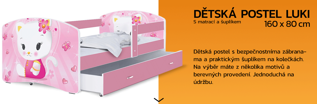 Dětská postel LUKI se šuplíkem RŮŽOVÁ 160x80 cm vzor RŮŽOVÁ KOČKA