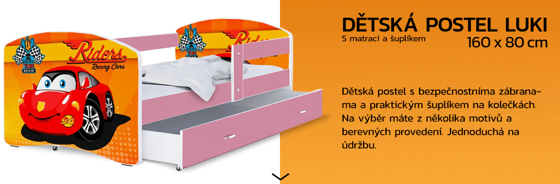 Dětská postel LUKI se šuplíkem RŮŽOVÁ 160x80 cm vzor ZÁVOĎÁK