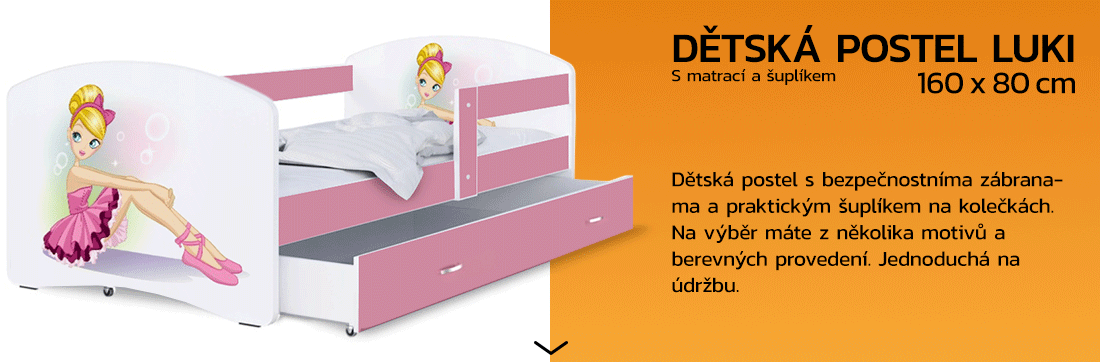 Dětská postel LUKI se šuplíkem RŮŽOVÁ 160x80 cm vzor PRINCEZNA