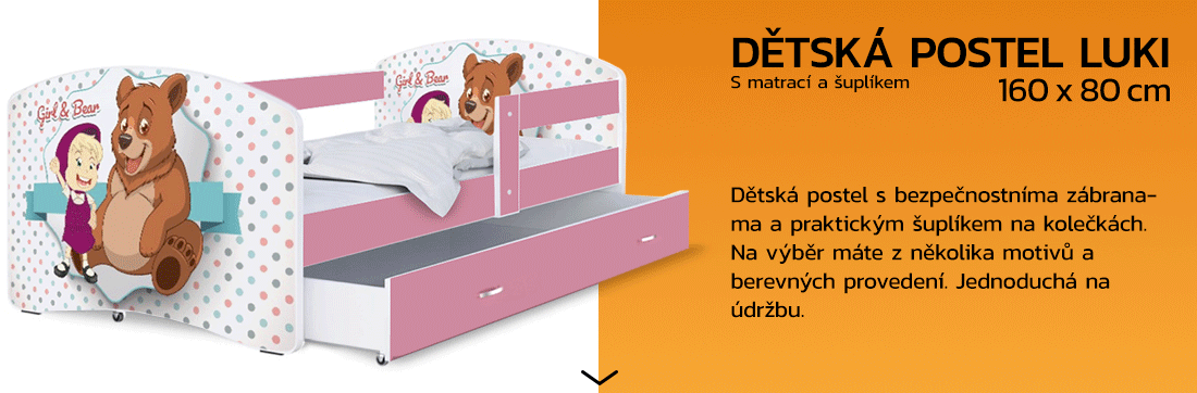 Dětská postel LUKI se šuplíkem RŮŽOVÁ 160x80 cm vzor MÉĎA