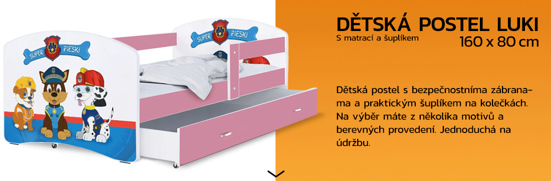 Dětská postel LUKI se šuplíkem RŮŽOVÁ 160x80 cm vzor SUPER PSI