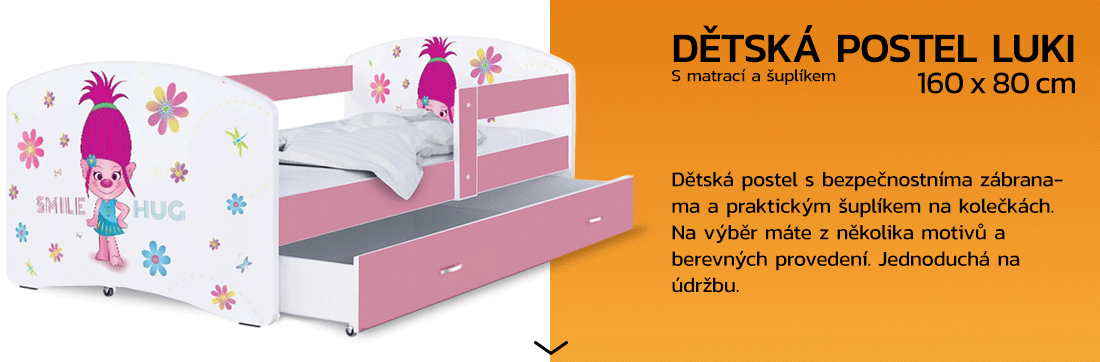 Dětská postel LUKI se šuplíkem RŮŽOVÁ 160x80 cm vzor SMILE HUG