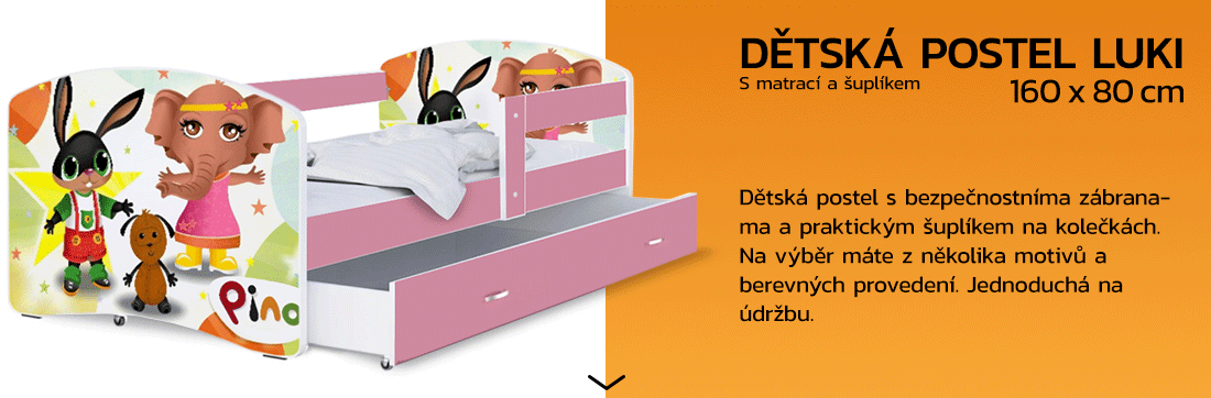 Dětská postel LUKI se šuplíkem RŮŽOVÁ 160x80 cm vzor ZVÍŘATKA