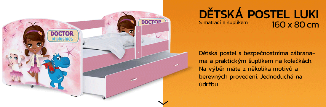 Detská posteľ LUKI so šuplíkom RUŽOVÁ 160x80 cm vzor MALÁ DOKTORKA