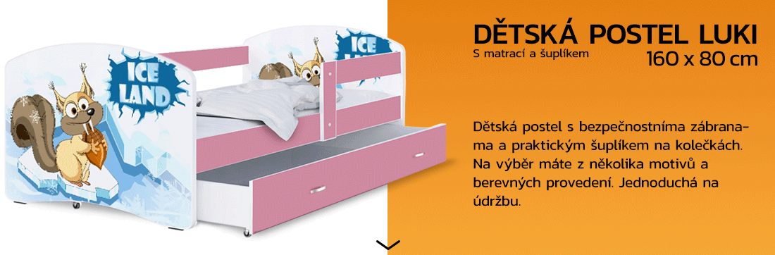 Dětská postel LUKI se šuplíkem RŮŽOVÁ 160x80cm vzor DOBA LEDOVÁ 51L