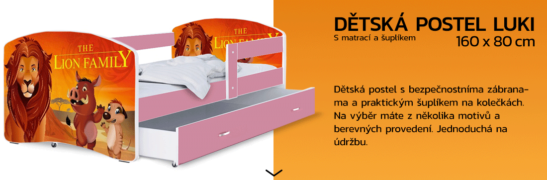 Detská posteľ LUKI so šuplíkom RUŽOVÁ 160x80 cm vzor LEVÍ RODINA