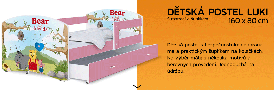 Detská posteľ LUKI so šuplíkom RUŽOVÁ 160x80 cm vzor MACKO A KAMARÁDI