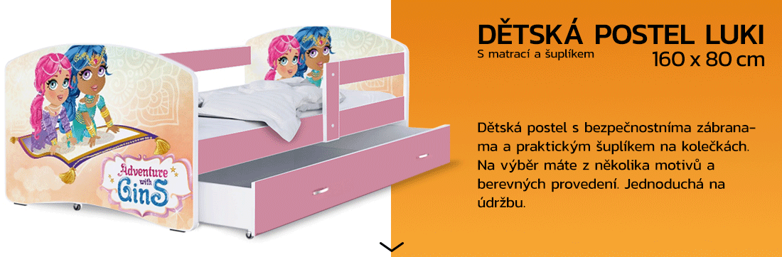 Detská posteľ LUKI so šuplíkom RUŽOVÁ 160x80 cm vzor ADVENTURE GINS