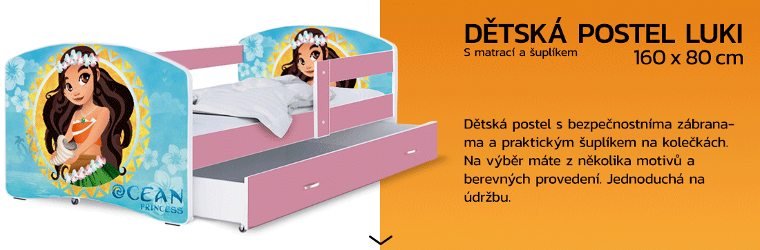 Detská posteľ LUKI so šuplíkom RUŽOVÁ 160x80 cm vzor OCEAN PRINCESS