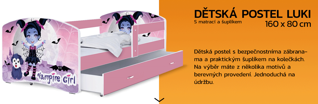 Detská posteľ LUKI so šuplíkom RUŽOVÁ 160x80 cm vzor UPIERKA