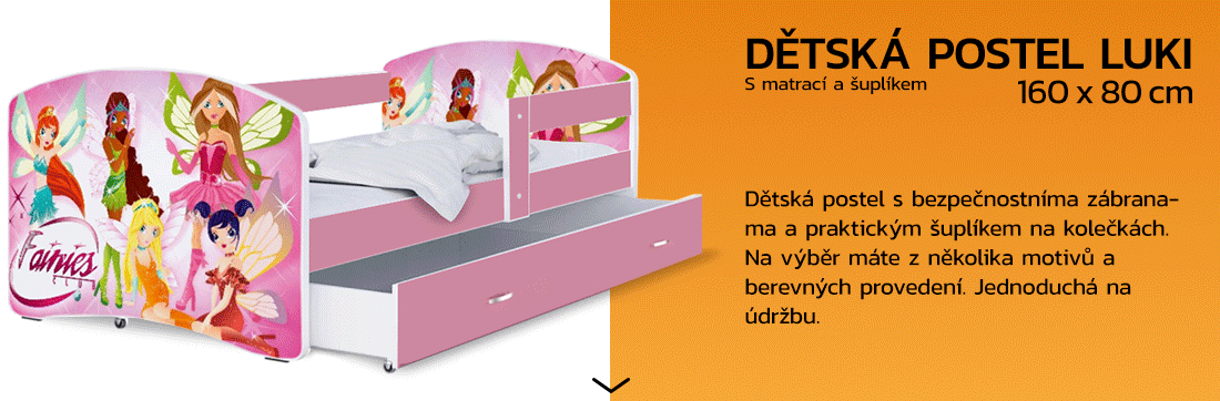 Detská posteľ LUKI so šuplíkom RUŽOVÁ 160x80 cm vzor VÍLY
