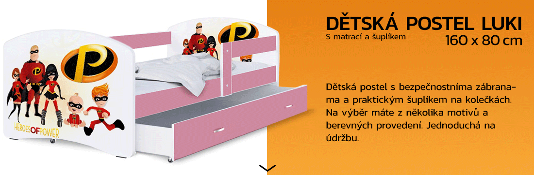 Dětská postel LUKI se šuplíkem RŮŽOVÁ 160x80 cm vzor RODINA PERFECT