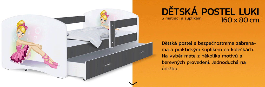Dětská postel LUKI se šuplíkem ŠEDÁ 160x80 cm vzor PRINCEZNA