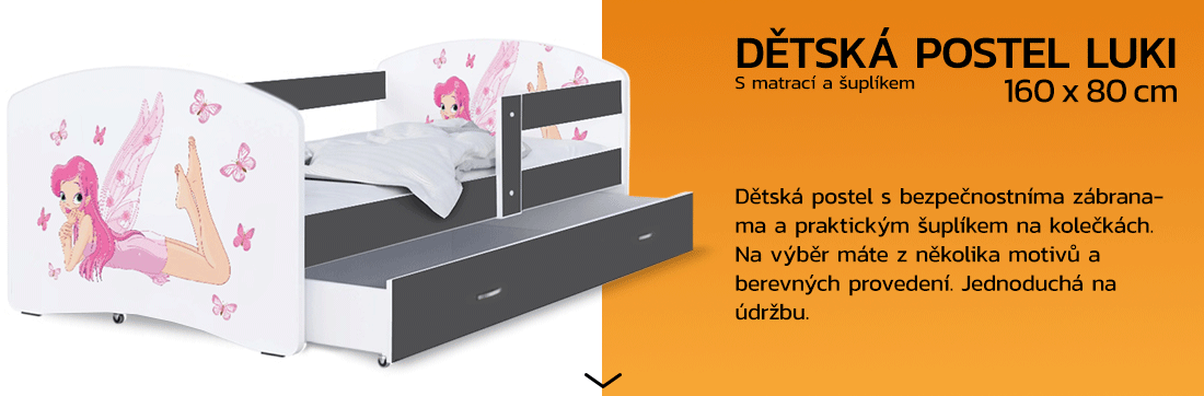 Detská posteľ LUKI so šuplíkom ŠEDÁ 160x80 cm vzor VÍLA