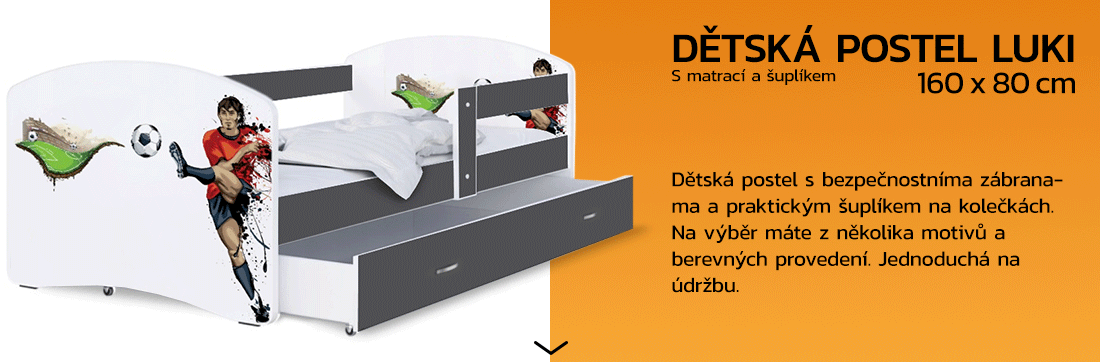 Dětská postel LUKI se šuplíkem ŠEDÁ 160x80 cm vzor FOTBAL