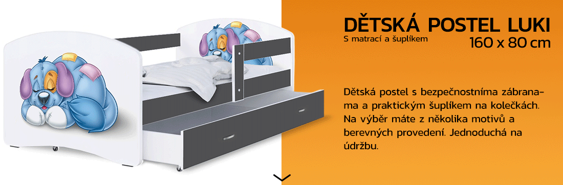 Detská posteľ LUKI so šuplíkom ŠEDÁ 160x80 cm vzor PSÍK